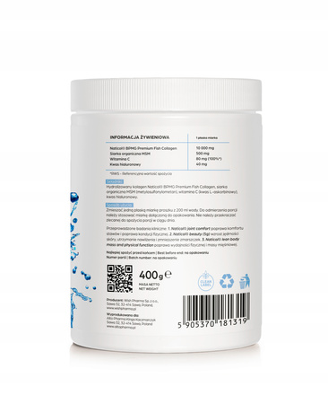 ALTO PHARMA KOLAGEN MORSKI PREMIUM, KWAS HIALURONOWY, MSM, WITAMINA C, 400g